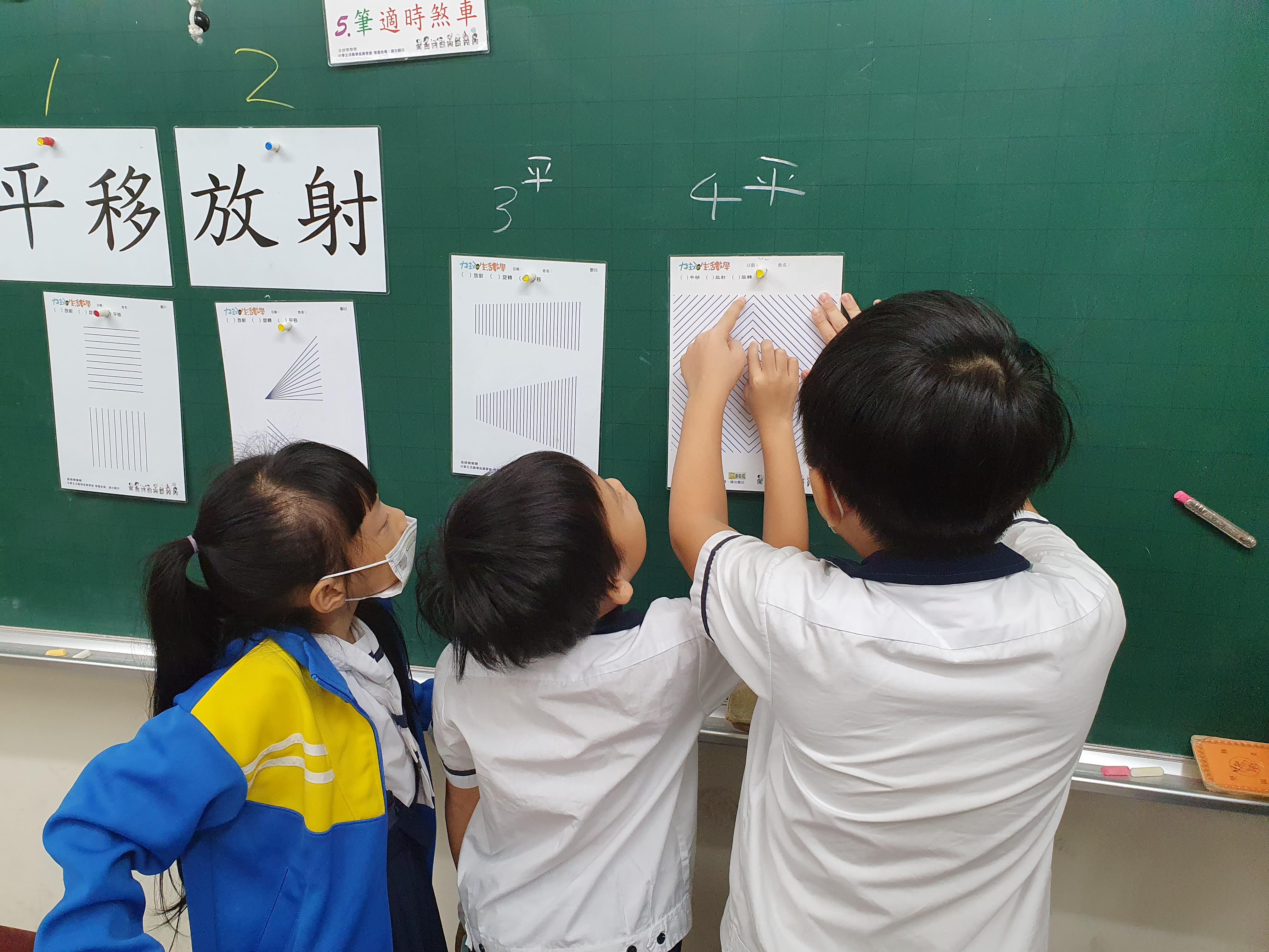 孩子在黑板前討論幾何學習單